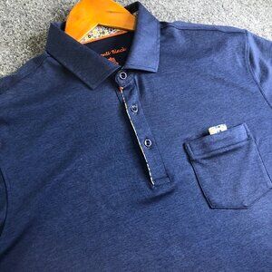 Visconti Black Polo Shirt Mens Large Blue Floral Contrast Cuff Jacquard Pocket